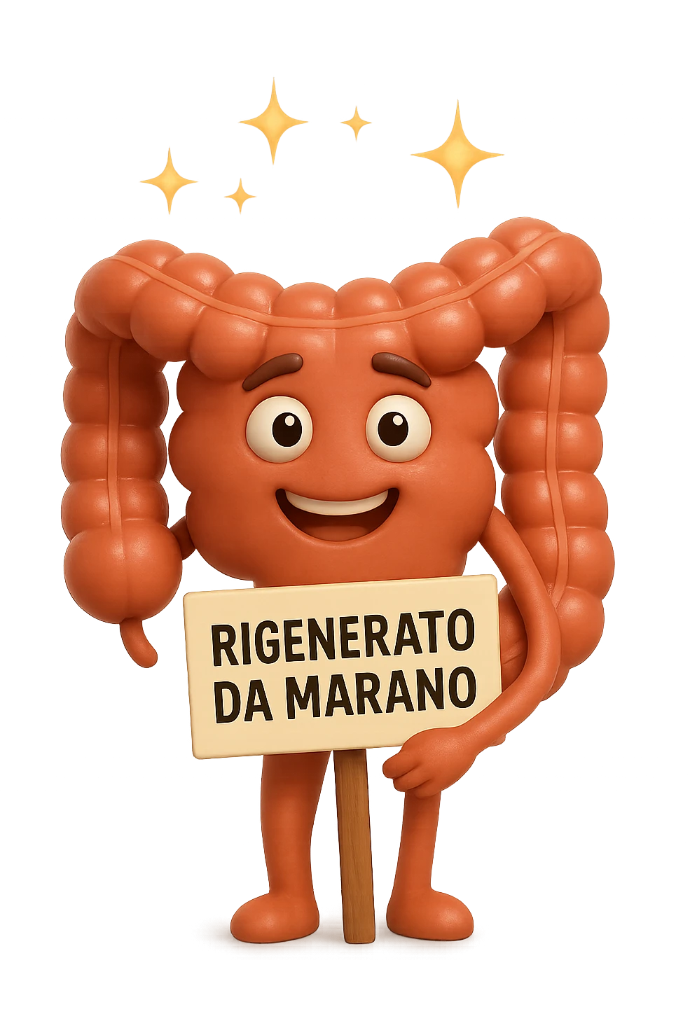fammi un intestino identico a questo, ma felice e con le scintille di splendore dorate sopra, si sta rinnovando come se fosse in ottima salute, in mano ha un cartello con la scritta "RIGENERATO DA MARANO" emoji