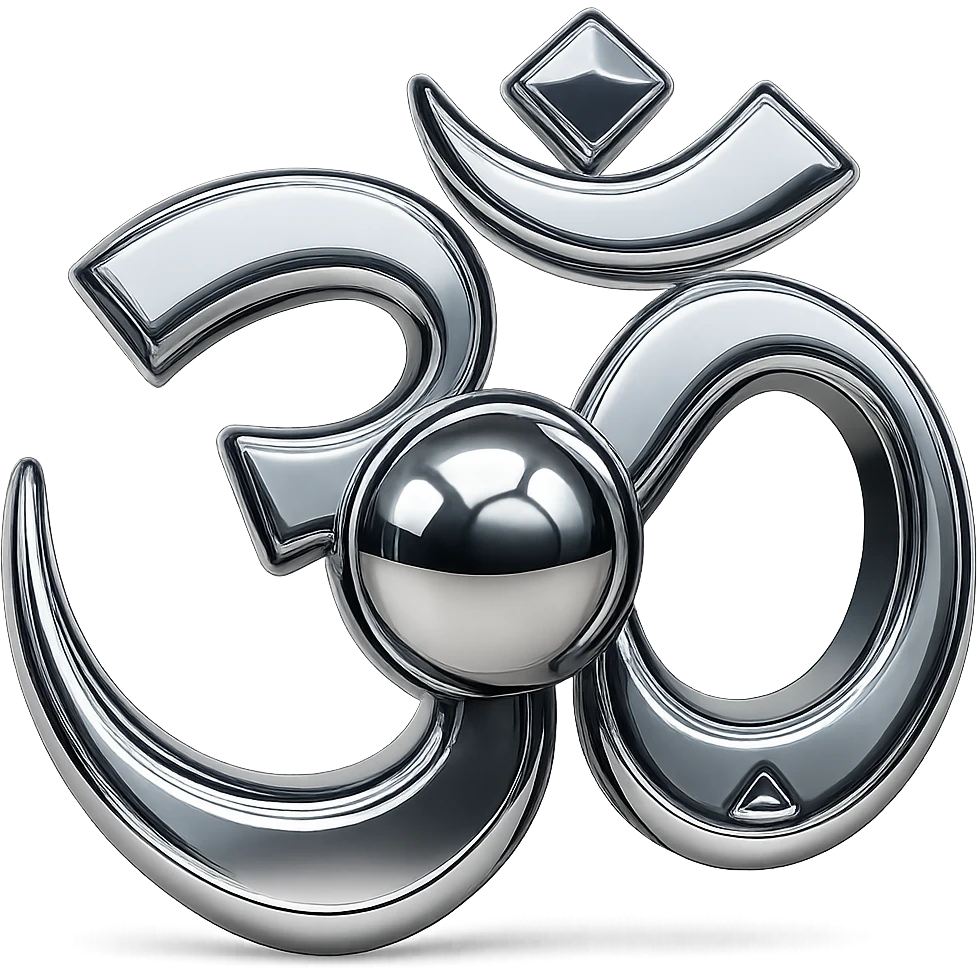 Place a reflective chrome sphere in the center of the Om sign, keep the style highly metallic and polished, with no background. emoji