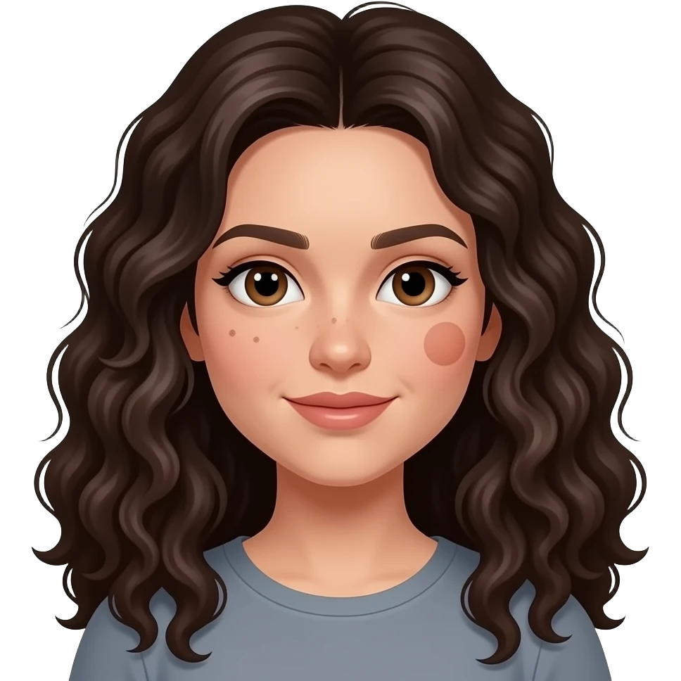 A curly long dark brown almost black hairhaired girl 28 years old three moles jn the left side of my cheeks one after emoji