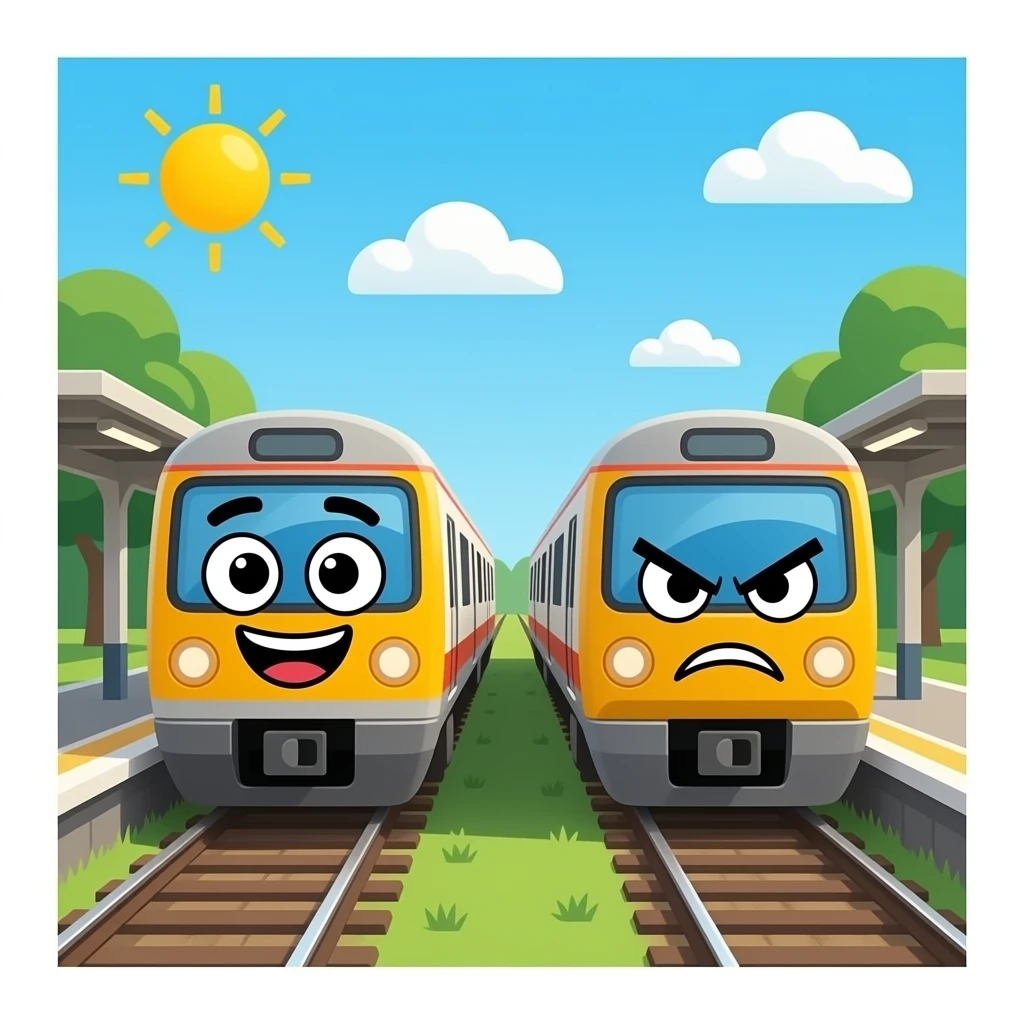 2 train at the station in a sunny day with doodle faces the first train laughing and the angry face on the other train emoji