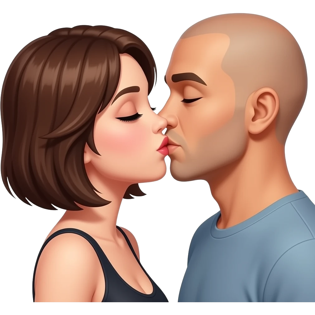 In love Sexy lady short brown hair kissing bald man emoji
