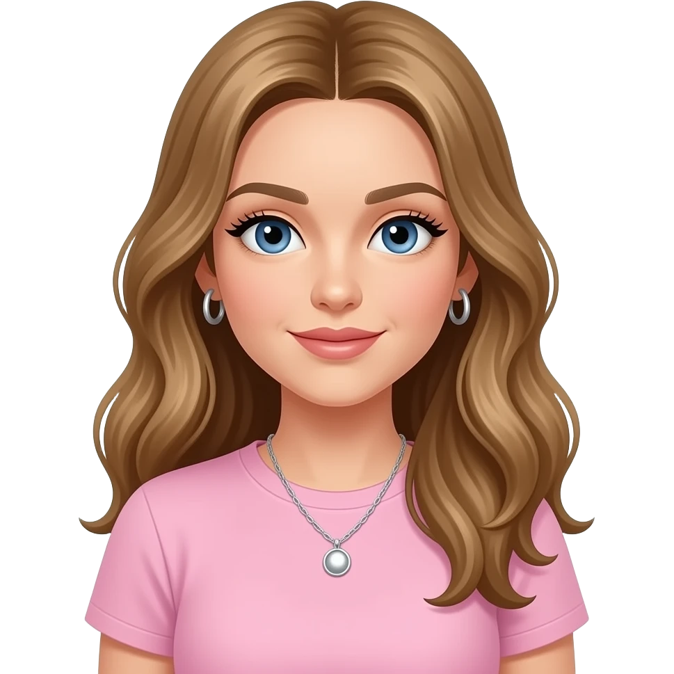 woman, blue eyes, late twenties, mousey blonde hair, long wavy hair with middle parting, baby pink t shirt, silver pendant necklace, small silver hoop earrings, long eyelashes emoji