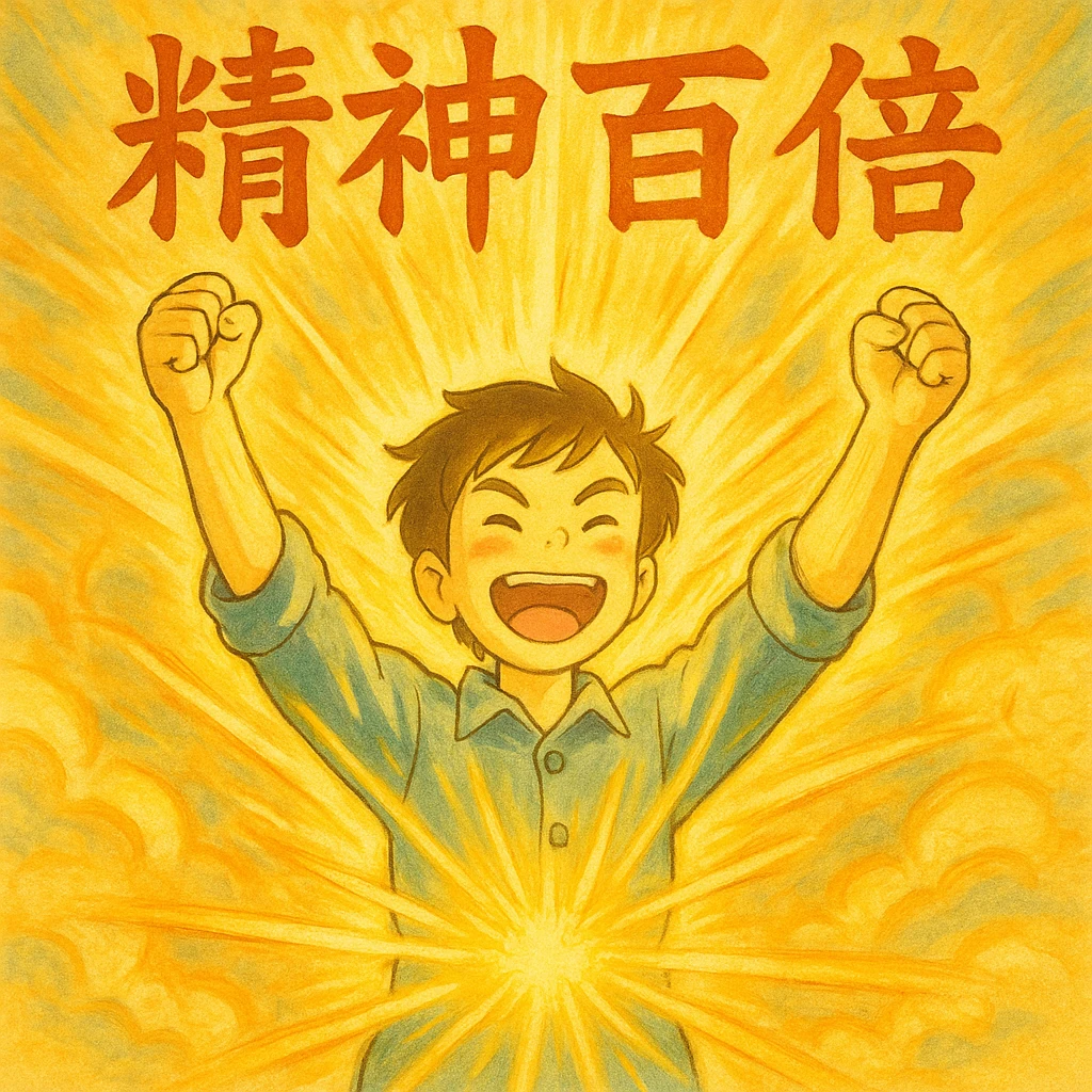 ghibli style illustration of a person radiating light and energy, for '精神百倍' emoji