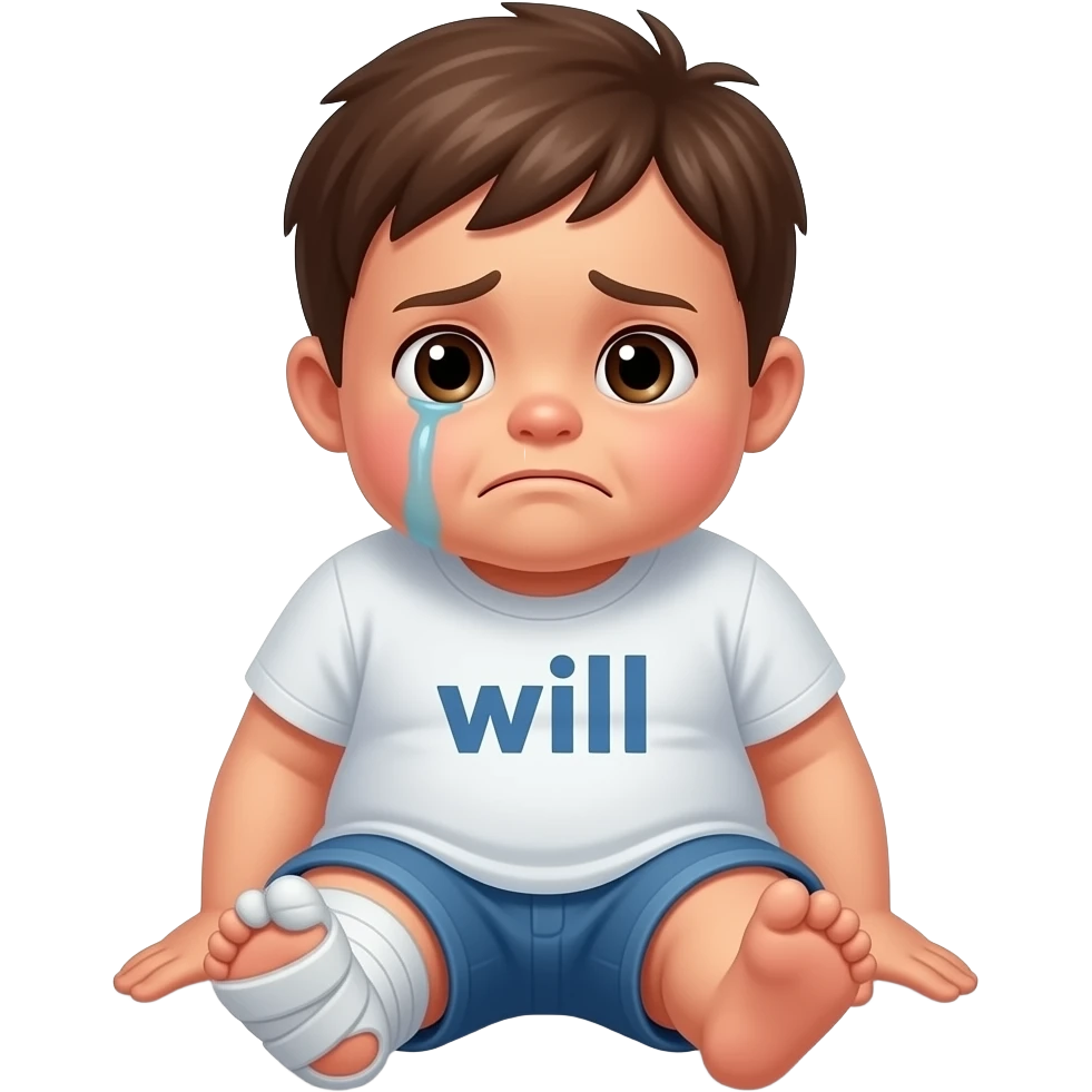 hazme un niño gordíssimo que se haya caido. tiene la rodilla y esta triste. que ponga will en su camisa emoji