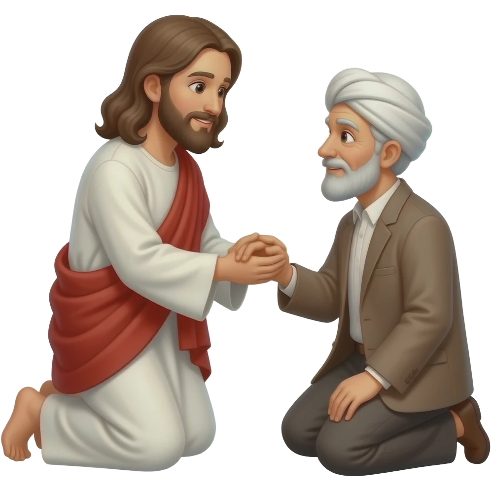 Иисус поднимате за руку  с Колен пожилого мужчину мусульманина emoji