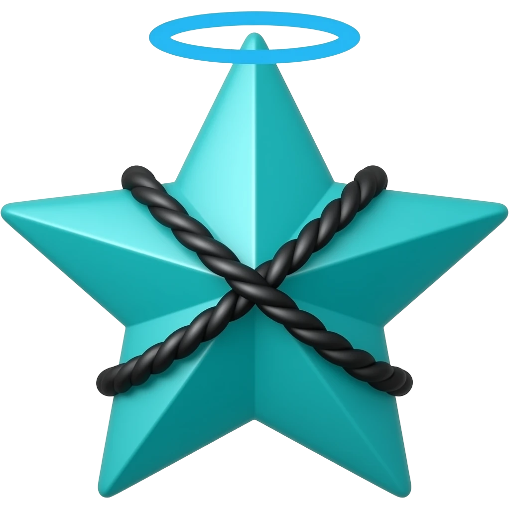 Teal star with a halo with black ropes across it emoji