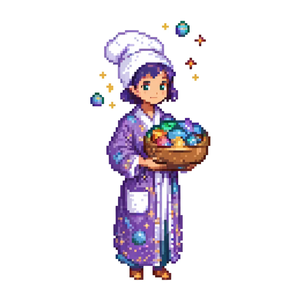 Portrait of a surreal baker floating among stars, wearing a galaxy-patterned robe, holding stardust ingredients, skeuomorphism style emoji