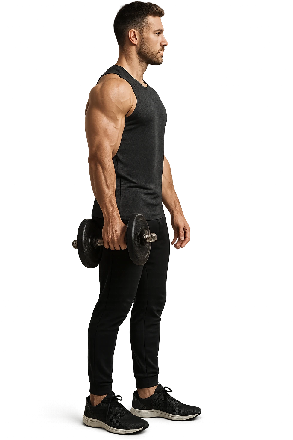 uomo fitness di profilo a figura intera con manubrio da palestra in mano, iperrealistico 4k emoji
