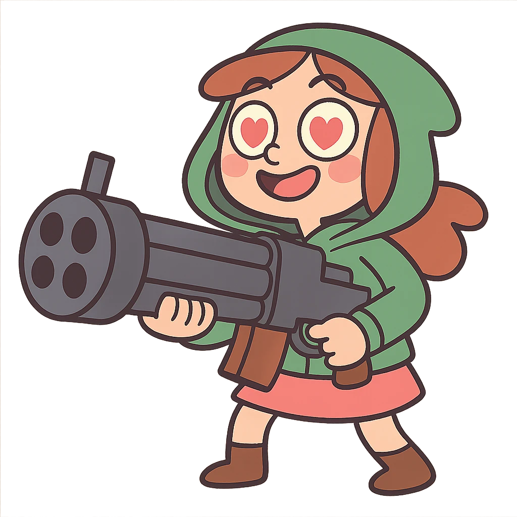 cheerful stalker girl with a massive machine gun, cute and exaggerated emoji