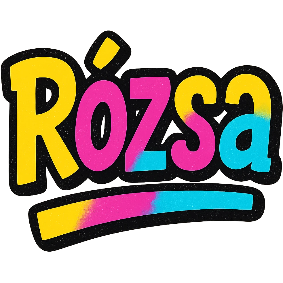 Rózsa name in modern colorful gradient font with dark outline, dynamic slanted or partial underline, transparent background, in the style of reference patterns emoji