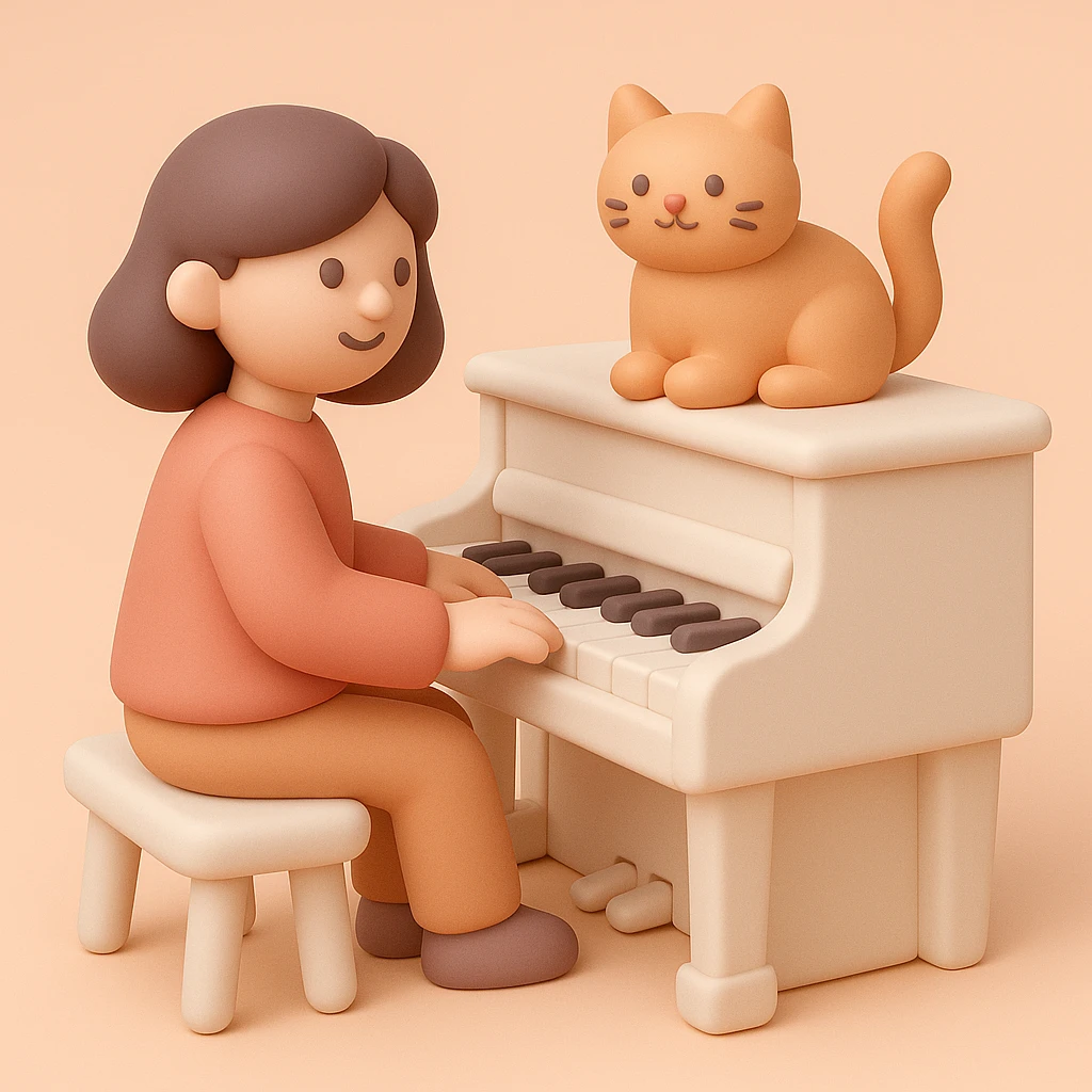 woman playing piano while her cat sits on top of the piano emoji