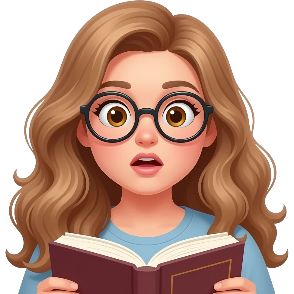 detailed emoji illustration of a curvy woman with long light brown wavy hair, light brown eyes and round glasses reading a book with a shocked expression, surprised by the story, cute emoji style emoji