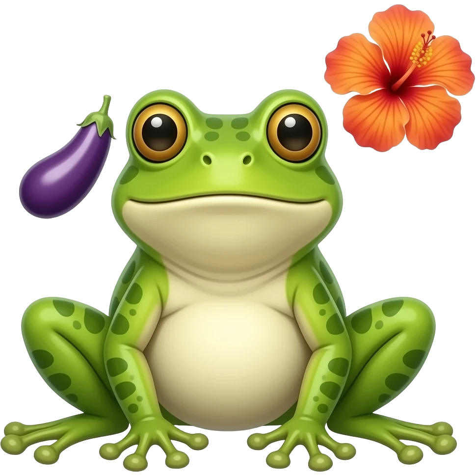 A frog with a big eggplant at the spot of penis and an hibiscus on the right to the upper side of eggplant emoji