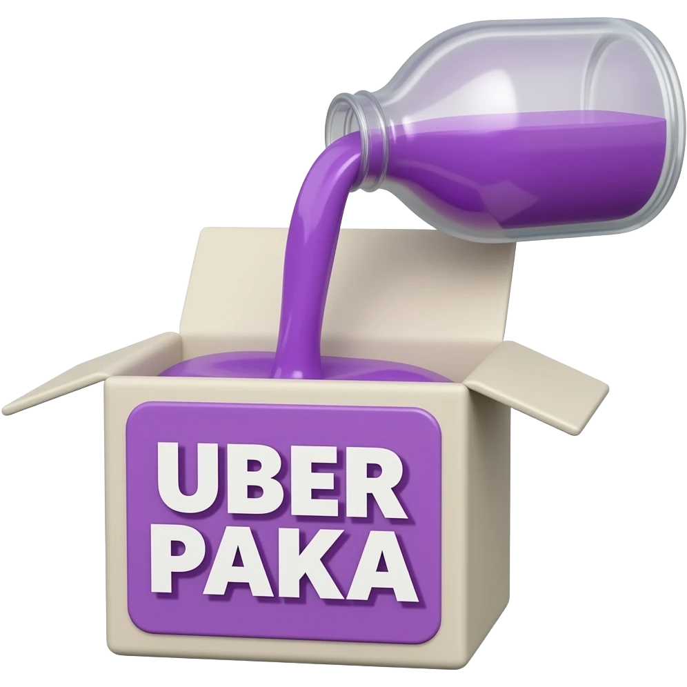 a box from which purple syrup is poured, with a large and legible inscription "UBER PAKA" on the front emoji