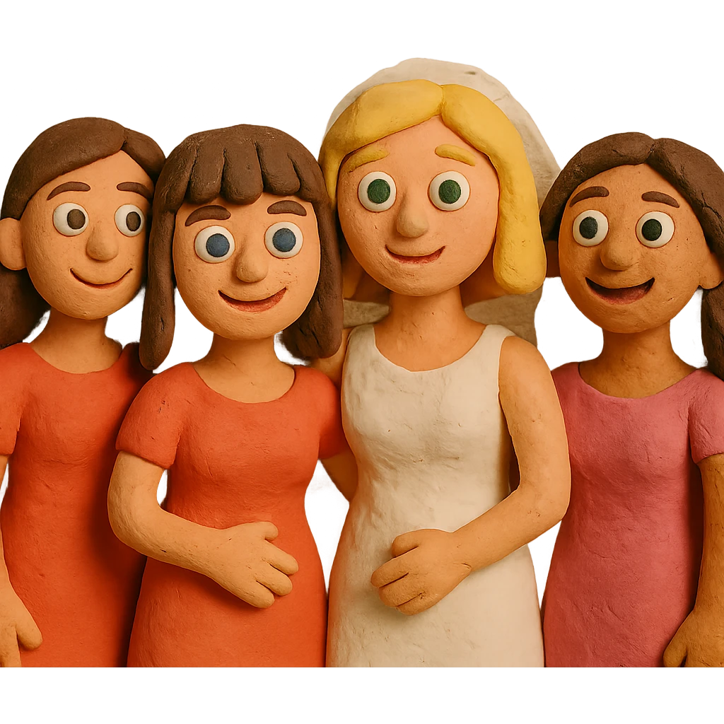 bachelorette party group of 4 girls, one with brown hair, blue eyes, fringe; two with brown hair; one bride with green eyes, blonde shoulder-length hair emoji
