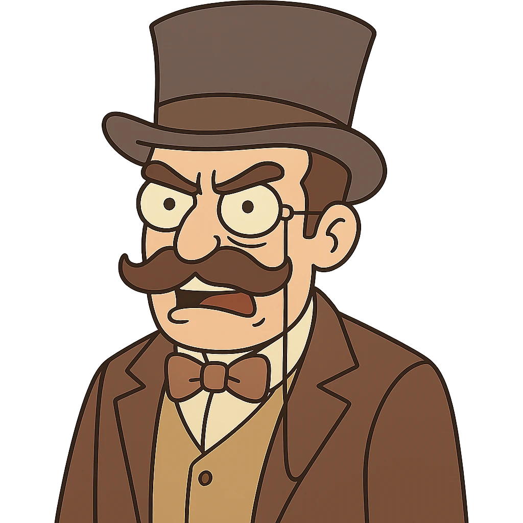 Make the man with mustache, top hat, and monocle look angry, in flat toon style, with no background. emoji