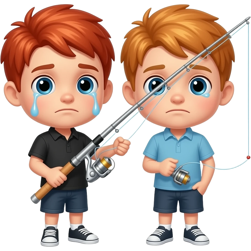 A red head kid holding a fishing rod crying wearing a black shirt andf shorts emoji
