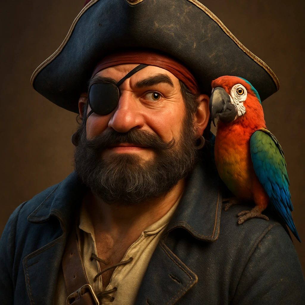 3d illustration of a pirate with eye patch and parrot emoji