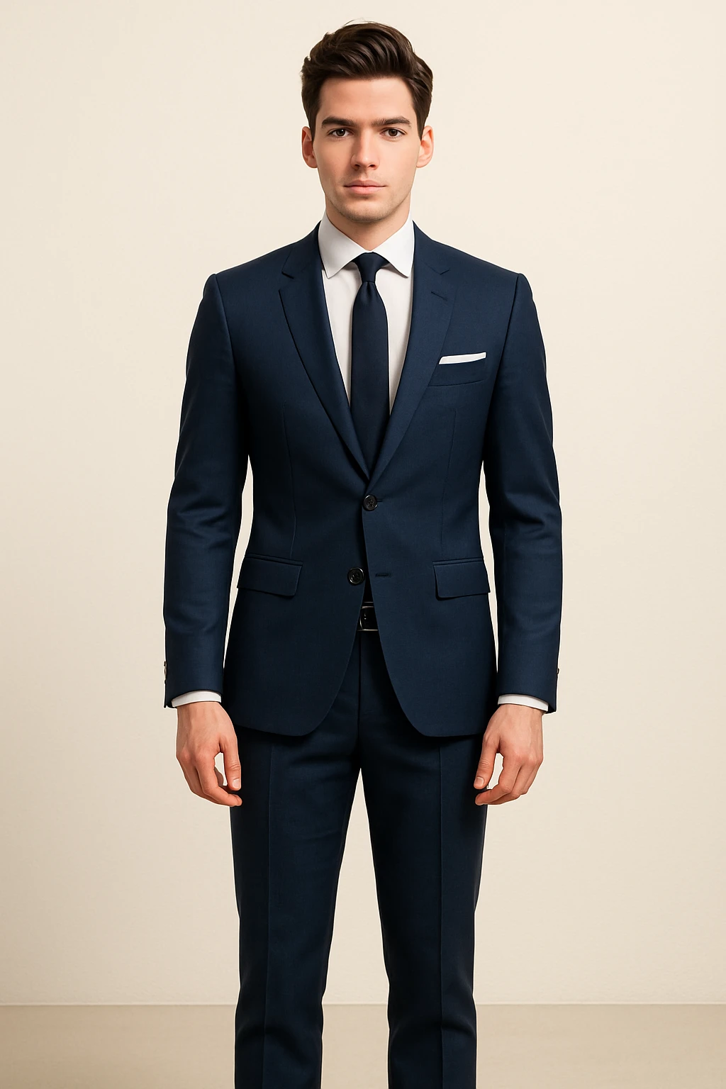 Full-body portrait of the same young man: elegant hairstyle, confident, fitted navy blue suit, white shirt, black tie, pocket square. Standing straight, arms relaxed at sides. Clean background, modern business look, sharp lines, consistent lighting, matching previous style and character. emoji