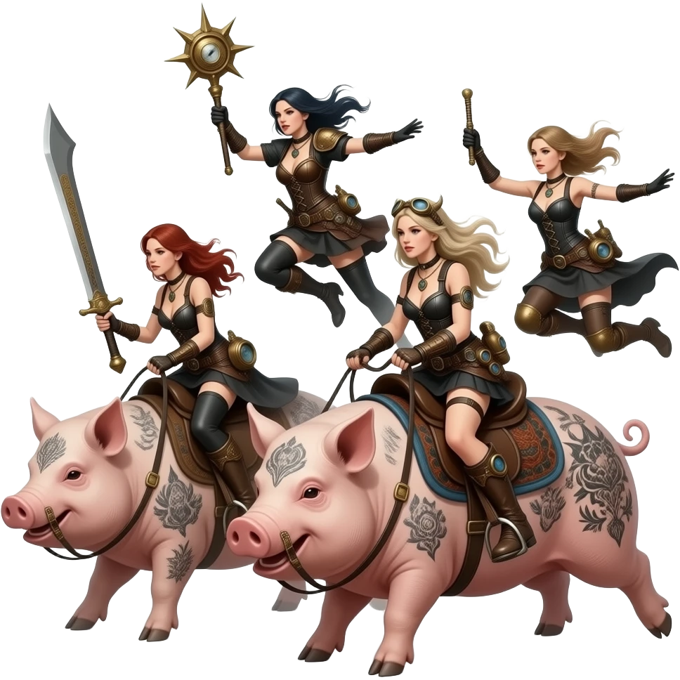 steampunk - four thin and pale female riders of the apocalypse ride leaping on large tattooed pigs in a messy composition emoji