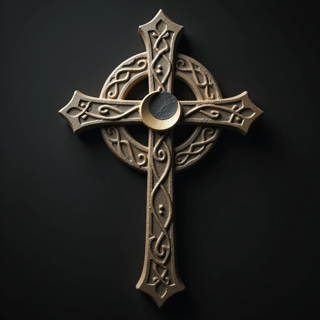 realistic gothic cross, with a crescent moon, photorealistic style emoji