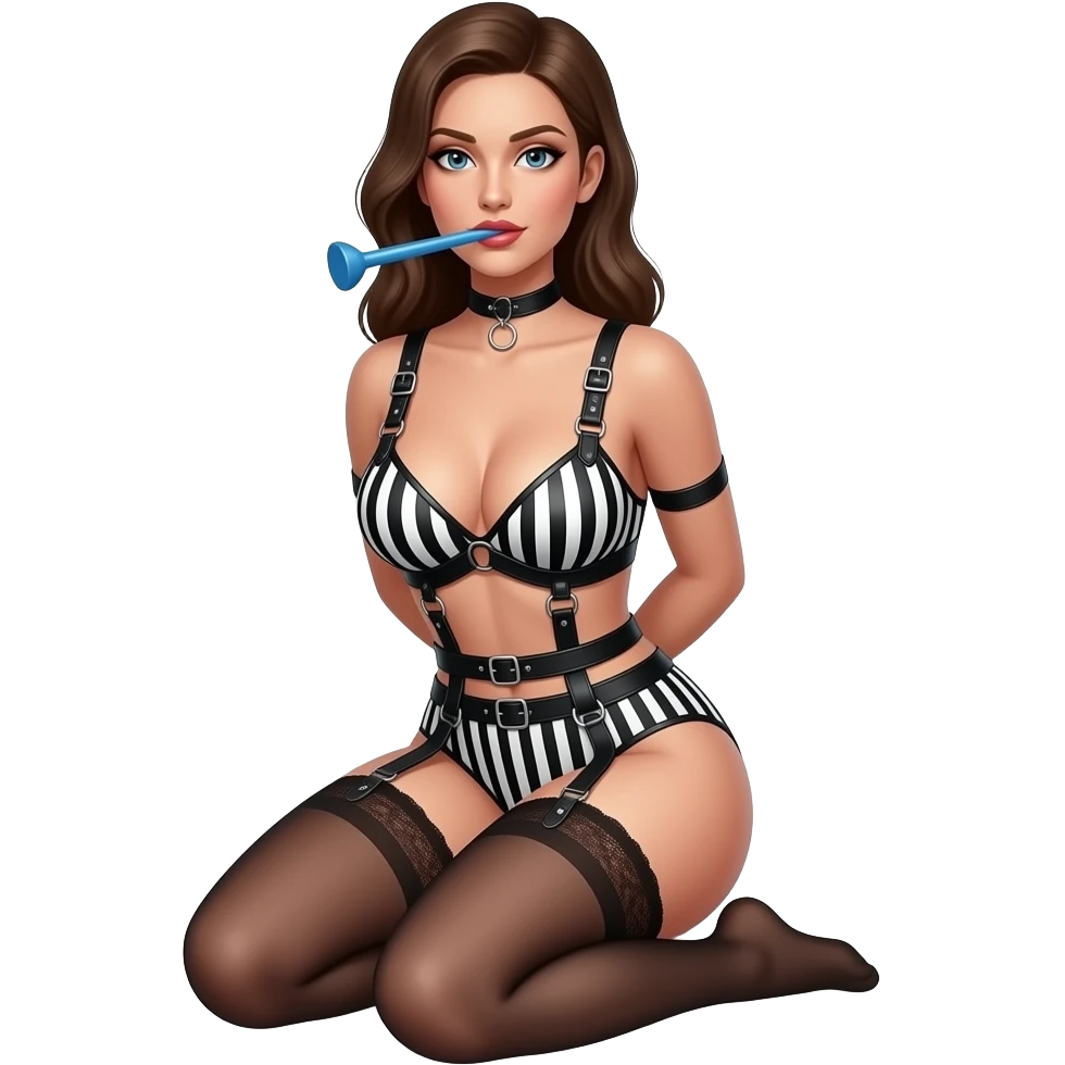 Women in bdsm Dessous. Heat leather Harness with stripes to the hair . Pumpgag in Her mouth. Setting on her knee. Arms behind the body. emoji