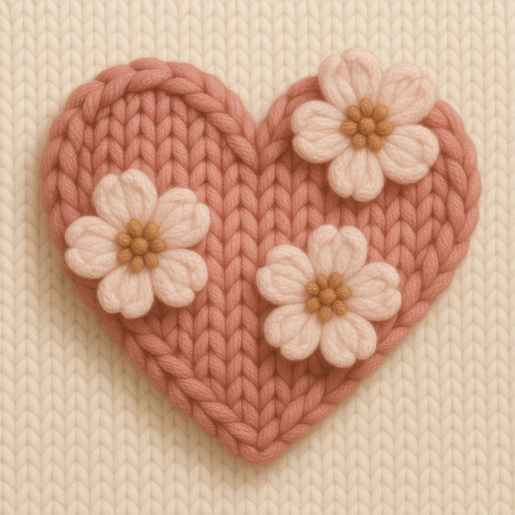 pink heart with sakura flowers, knitted patch style emoji