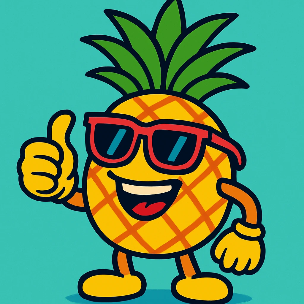 cartoon pineapple wearing sunglasses, smiling, giving a thumbs up emoji