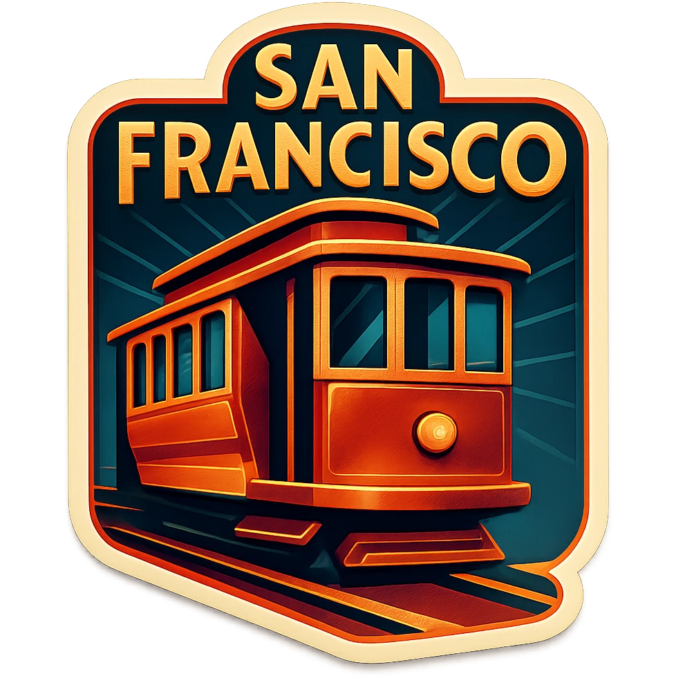 San Francisco logo in retro art deco style, incorporating a cable car, streamlined forms, and classic 1920s color scheme emoji