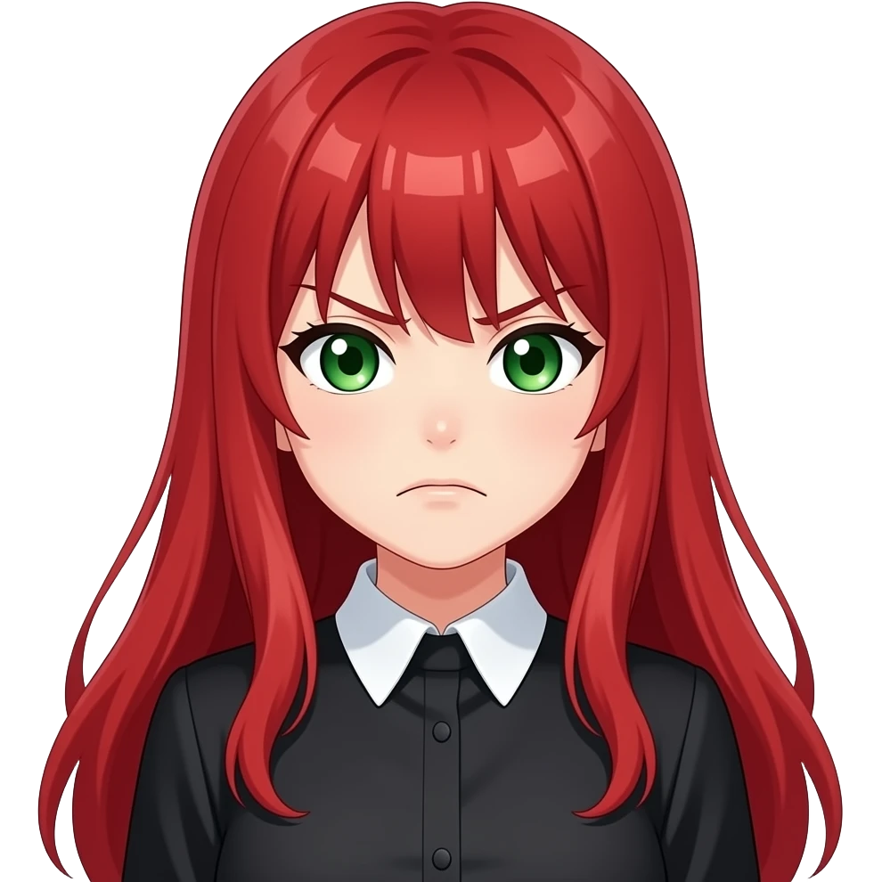 anime girl grimmacing expression long red hair green eyes black blouse with white collar emoji