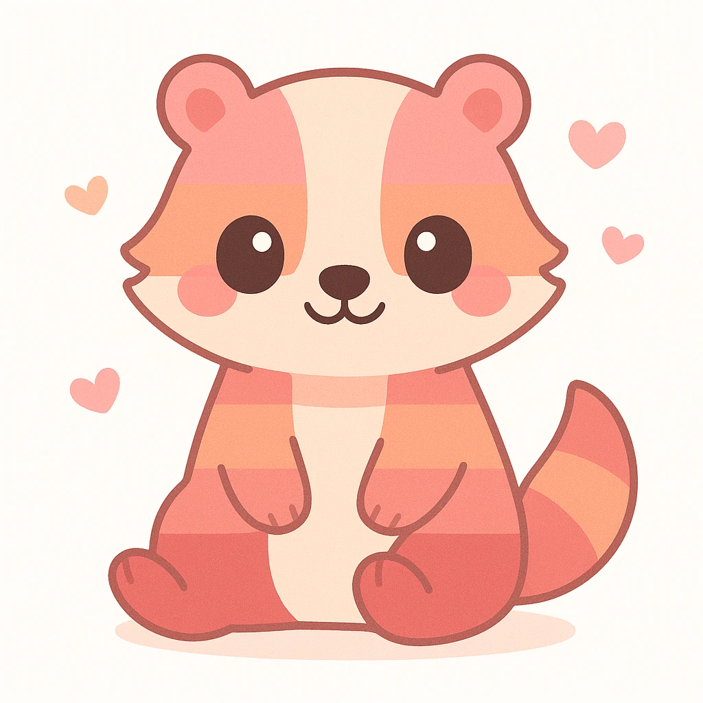 kawaii style badger with fur in lesbian pride flag colors, big eyes, cute expression, simple background emoji