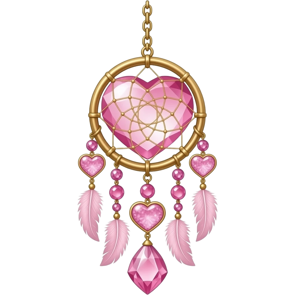 Reddish-pinkish and golden warm-colored romantic lush beautiful pretty hanging crystal-catcher aesthetic with hearts and sparkles and feathers emoji