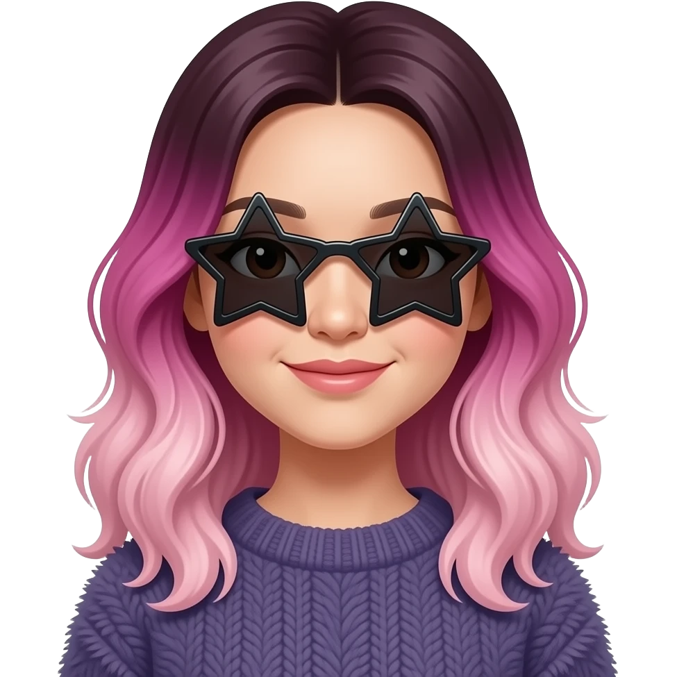 medium skinned vietnamese woman with dark brown medium eyes with slightly wavy ombre hair that is magenta at the top fading to light pink at the bottom, wearing a deep gray-violet fluffy sweater and sunglasses in the shape of a star with opaque black lenses that do not show the eyes emoji