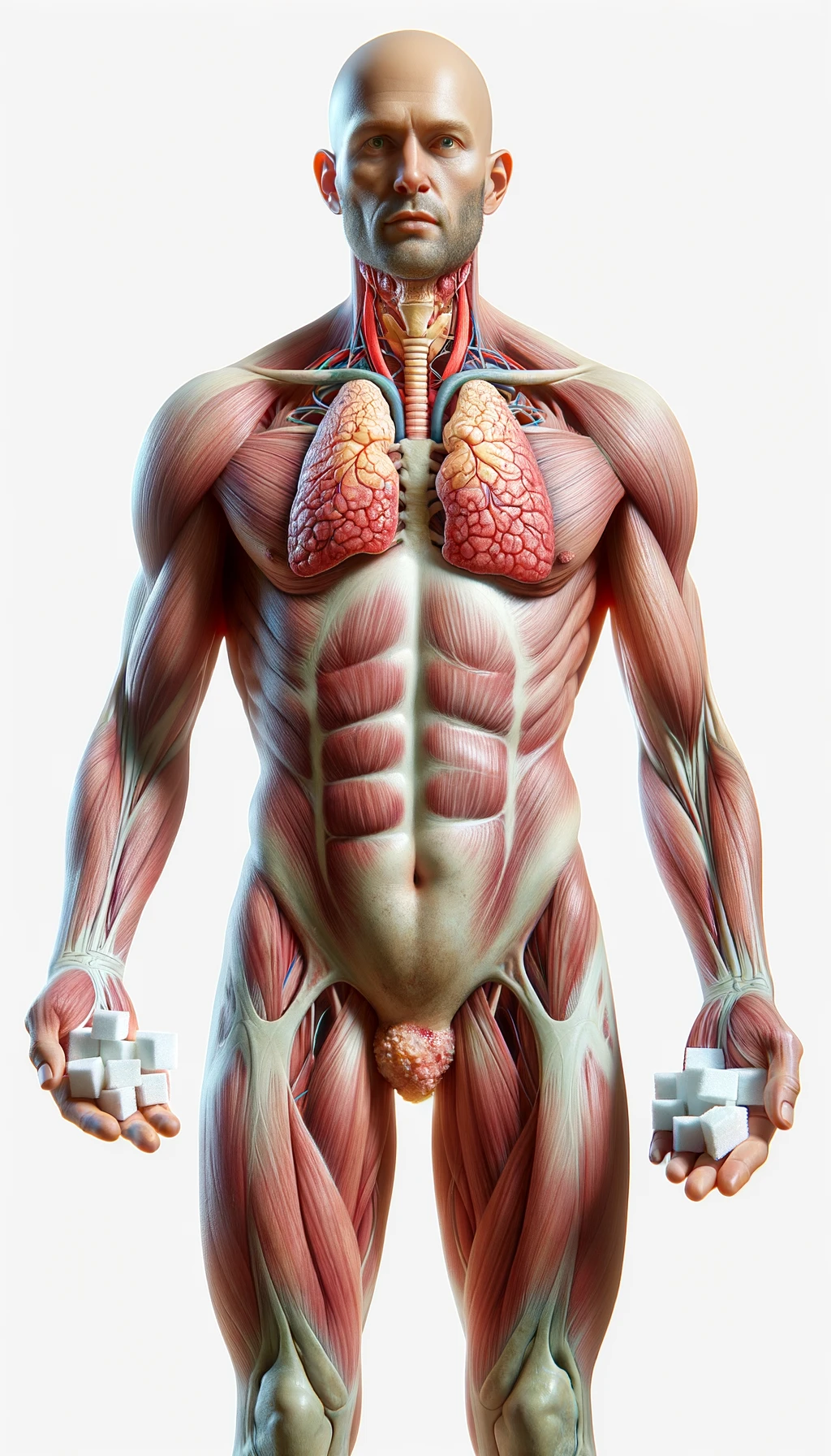 corpo umano anatomico con capelli corti a figura intera fino alle ginocchia, tiroide infiammata in evidenza, tiene in mano una manciata di zollette di zucchero, iperrealistica 4k, isolato su sfondo bianco emoji