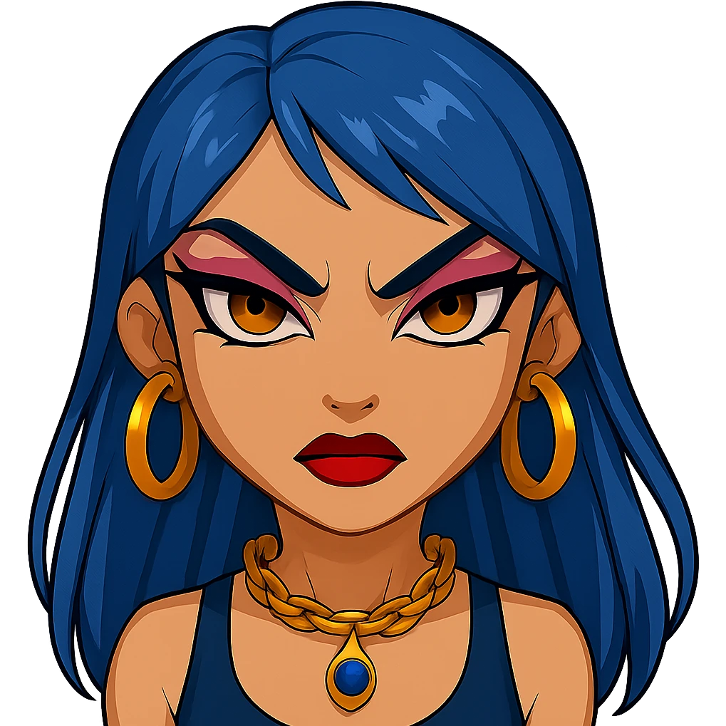 Make her eyes much scarier while keeping a nice and cute look, gyaru style, blue hair, pretty makeup, bratz baddie vibe, emoji style, with no background. emoji