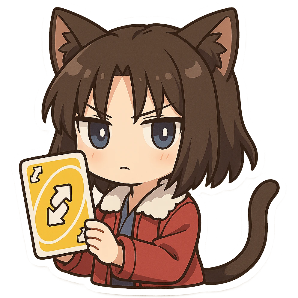 Ryougi Shiki as a chibi with cat ears and cat tail, holding a UNO reverse card emoji