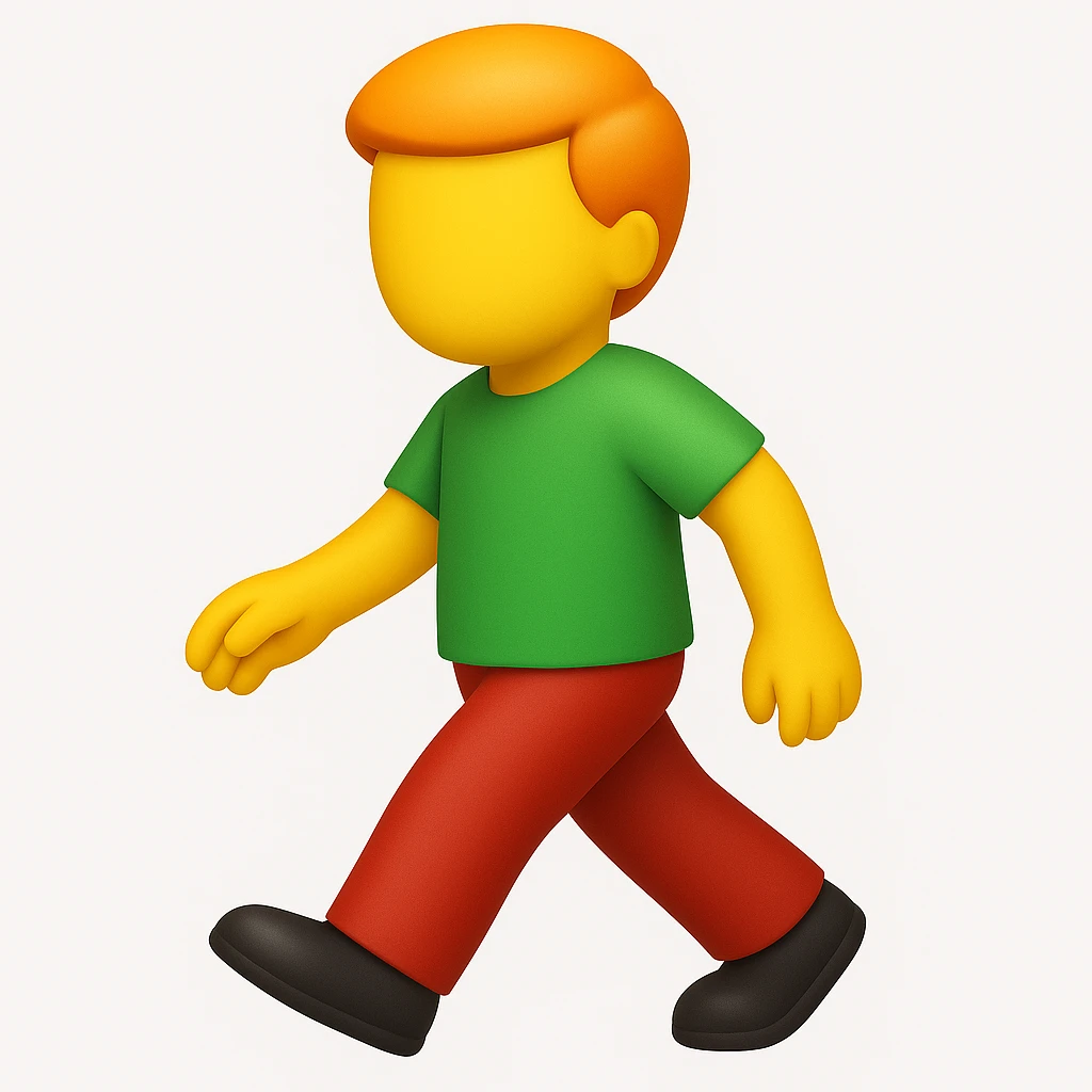 Make a more emoji-like image that looks exactly like the reference: walking man, no face, orange hair, green shirt, moderate red pants, black shoes, 3D iOS emoji style. Add a subtle highlight to the hair. emoji
