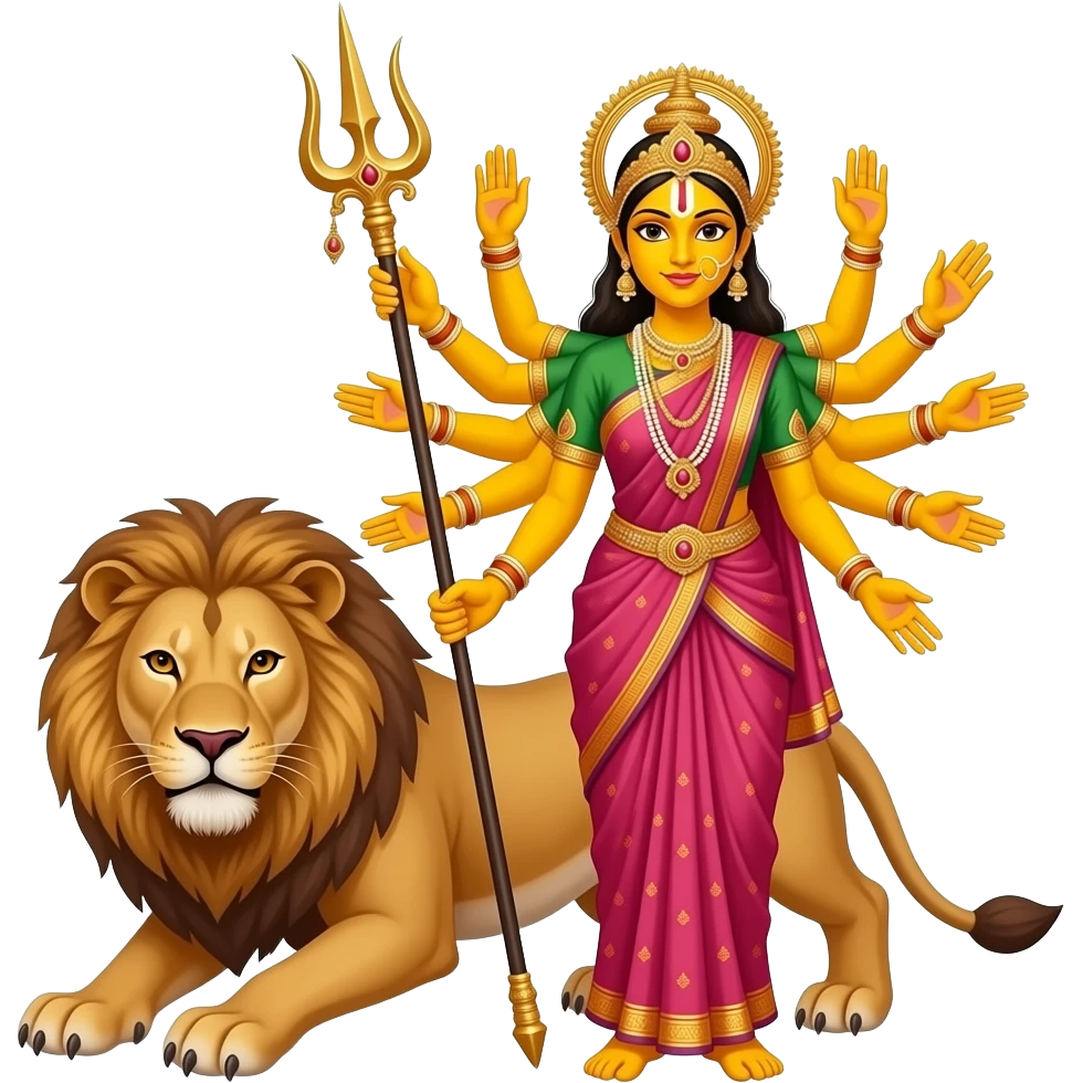 A bengali yellow skinned bride with exactly ten empty hands standing beside a lion with ALL hands in front and her very two front arms should hold a mighty trident emoji