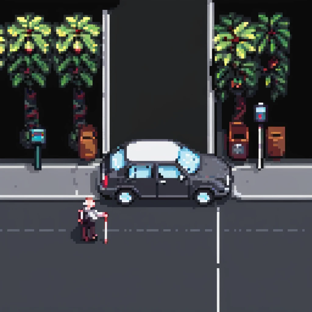 a blind person with a white cane walking on a pavement, but a car is parked blocking the path, pixel art style emoji