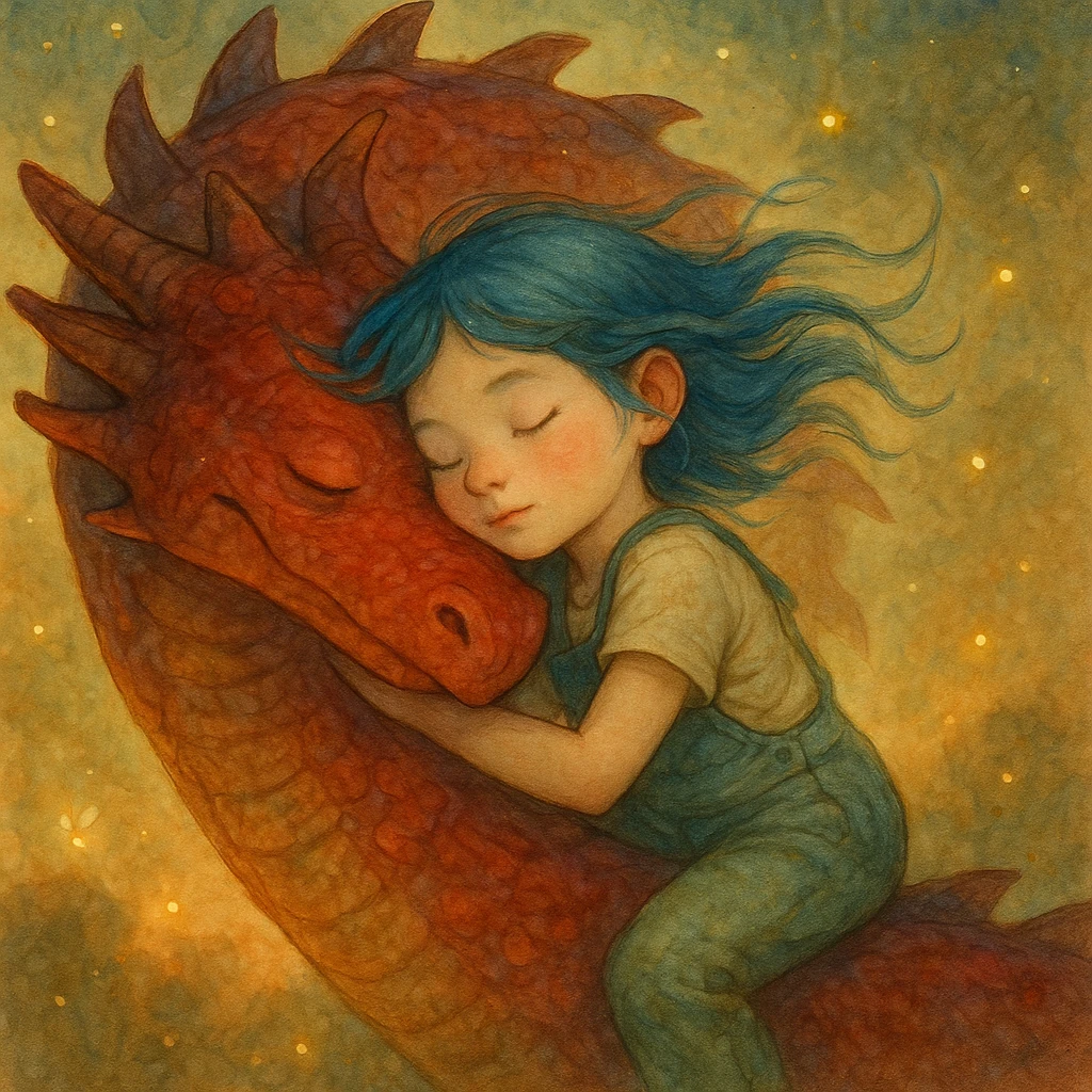 A dreamy, ethereal illustration of a young girl peacefully sleeping on the long, curved neck of a red dragon, cheek to cheek. Her blue hair flows gently as if caught in a soft breeze, and she wears delicate green overalls. The dragon’s skin has intricate, painterly textures, glowing subtly under the warm, golden light. Tiny fireflies and soft, ambient light enhance the magical atmosphere. Highly detailed, whimsical, children's book illustration style, with soft yet rich colors, gentle lighting, and a fantasy storytelling feel. Watercolor-like textures, hand-painted aesthetics, cinematic composition. emoji