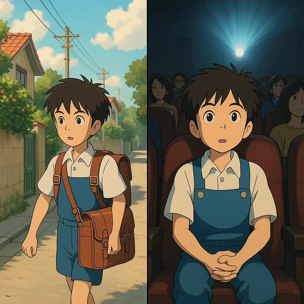 Split frame showing the same anime character from the reference image in two different situations: left side, he is going to class with a school bag; right side, he is watching a movie in a movie theater. Studio Ghibli style, warm lighting, detailed backgrounds. emoji