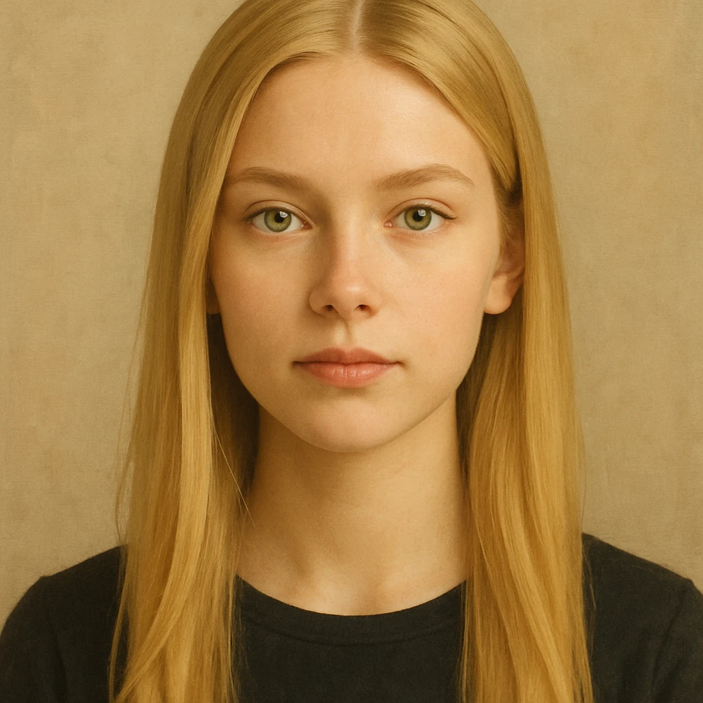 blonde girl, long straight hair, green eyes, simplified realistic style emoji