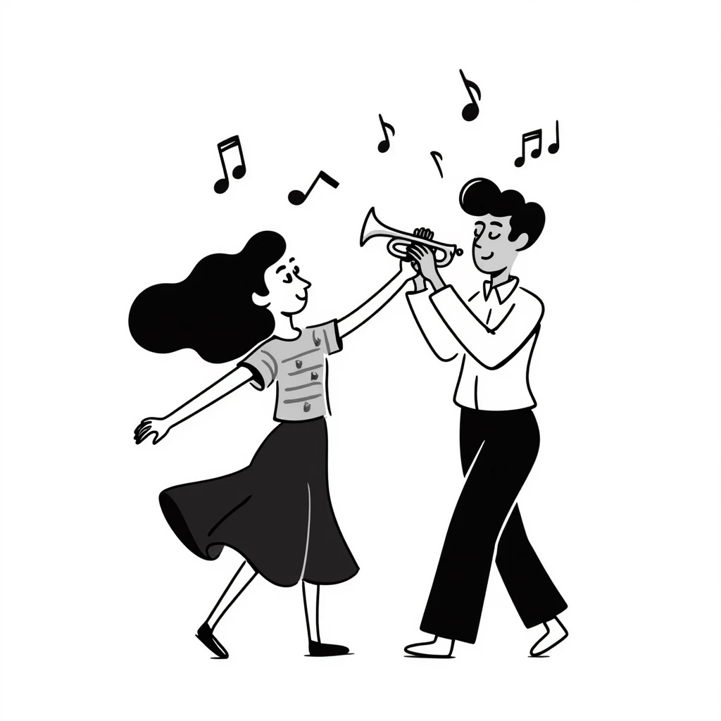 Colombian salsa dancing couple with musical notes, trumpet, and Colombian flag colors emoji