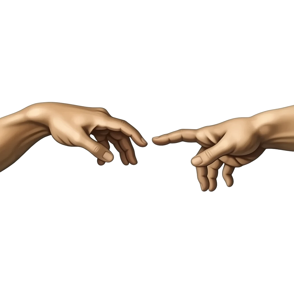 the touch of the fingers of two palms as in Michelangelo's painting in the Sistine Chapel, but mechanically constructed emoji