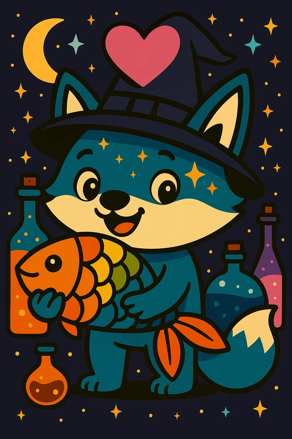 Add a classic black witch hat to the blue fox, keep the magical, witchy background and big pink heart, in vibrant toon style. emoji