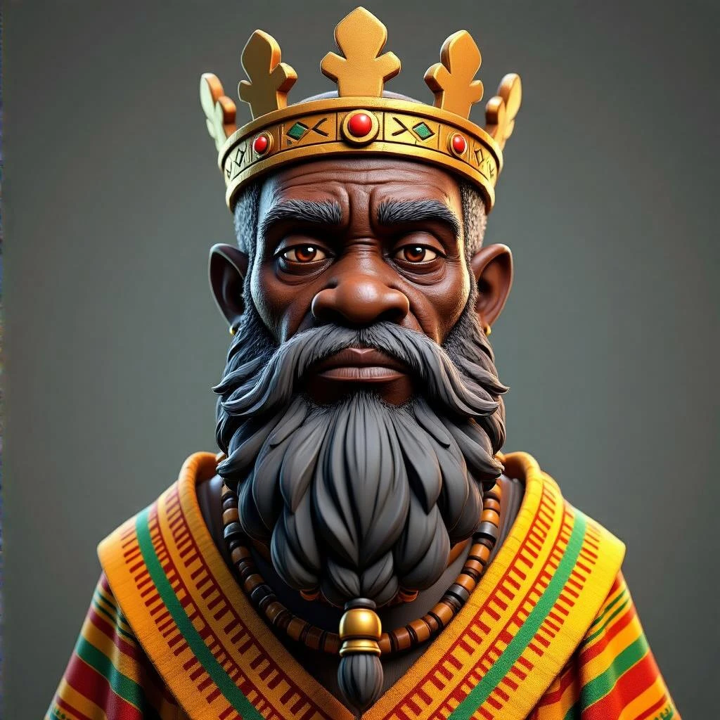 Create me a Stylized 3D Character Art of an old Wise African king with a large beard wearing kente cloth for a Strategy Game. Make it have a balance of realism and caricature with a well-defined lighting. emoji