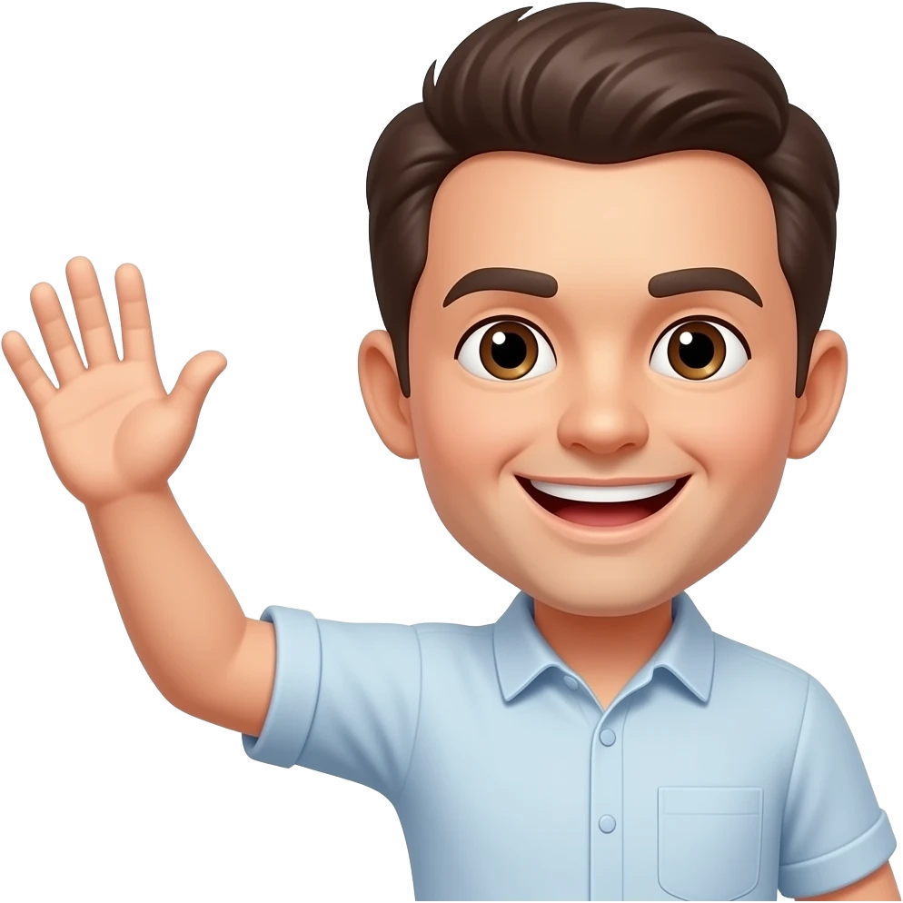 Saludo (Hola/Adiós): El brazo izquierdo está levantado con la palma abierta hacia el frente y los dedos separados. El torso tiene una ligera inclinación hacia el lado opuesto, acompañada de una expresión de alegría genuina y boca abierta. emoji