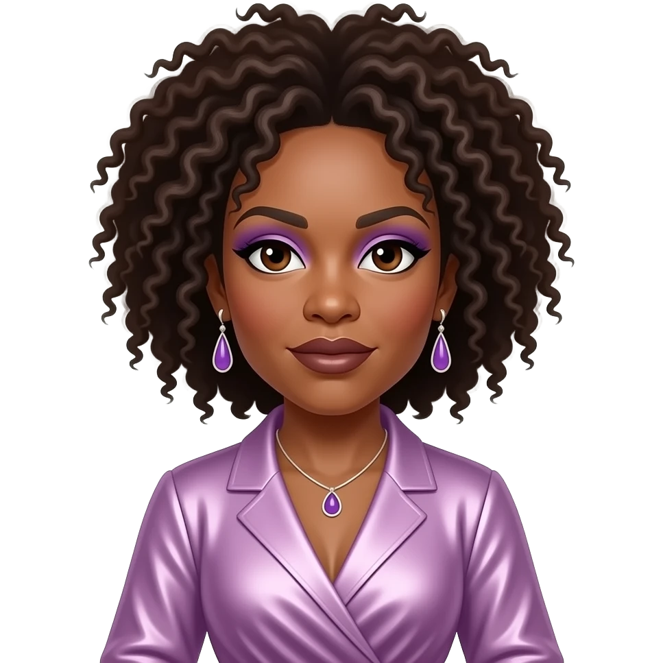 Macy Gray with dark brown eyes, dark brown afro hair, lilac eyeshadow, dark brown lipstick, lavender pink metallic wrap shirt, lilac necklace and earrings emoji