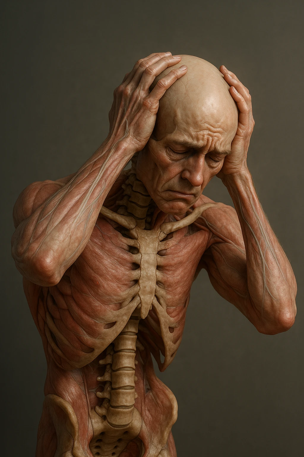 CORPO UMANO ANATOMICO con spina dorsale in evidenza, molto stanca e stressata mentre si tiene le mani sulla testa, IPERREALISTICO 4K emoji