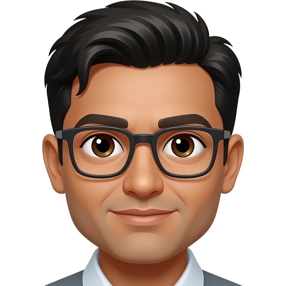 an indian person with FLAT bad hair..   the bigger right part should be combed to the  right side and in front and the small side should ve to the other side..he should have pimples mainly on the nose and other parts of face.. he wears small square spectacles..he should be wheatish in colour. emoji